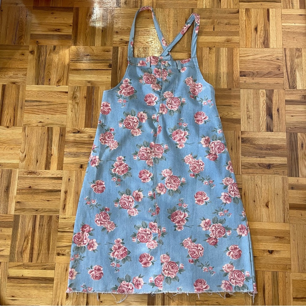 Denim Floral Overall Long Skirt Cute